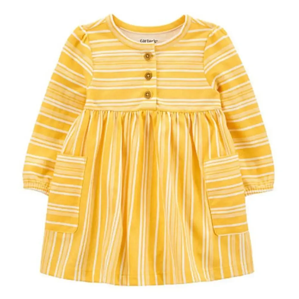 Carter's Baby Girls Long Sleeve Fitted Sleeve A-Line Dress in Yellow, Size 12M‌‌